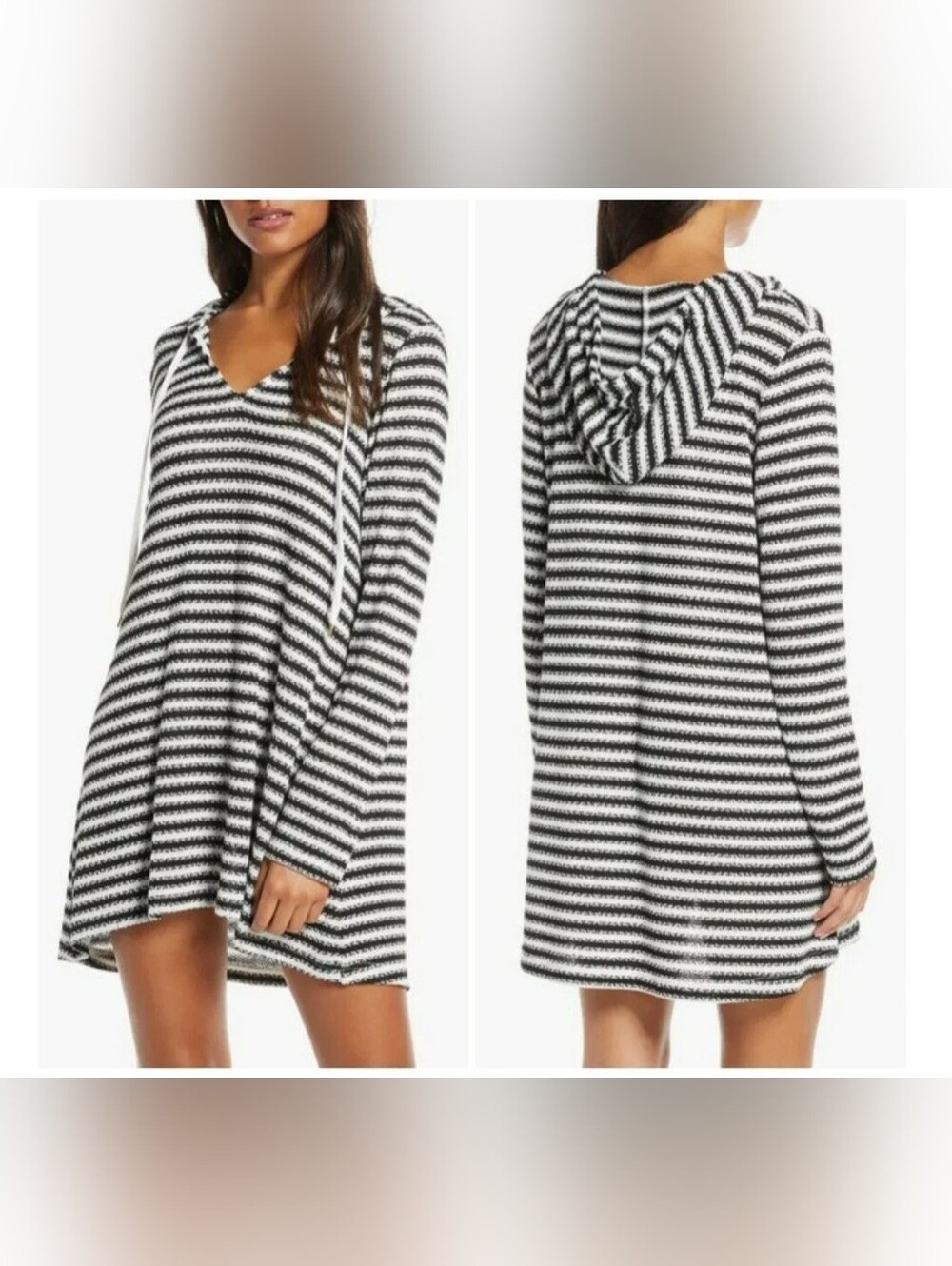 La Blanca Black and White Striped Hooded Knit Swim Cover Up Oversized, Size Md